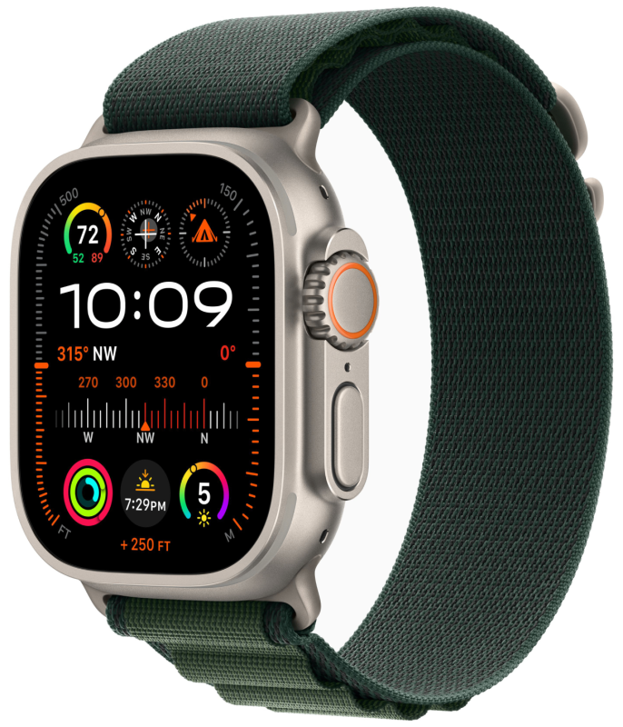 Фото Apple Watch Ultra 2 GPS + Cellular, 49 мм, корпус из бежевого титана, ремешок Alpine зелёного цвета, размер L Фото Apple Watch Ultra 2 GPS + Cellular, 49 мм, корпус из бежевого титана, ремешок Alpine зелёного цвета, размер L