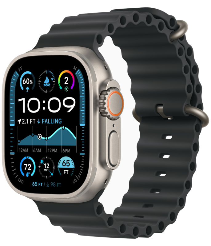 Фото Apple Watch Ultra 2 GPS + Cellular, 49 мм, корпус из бежевого титана, ремешок Ocean чёрного цвета Фото Apple Watch Ultra 2 GPS + Cellular, 49 мм, корпус из бежевого титана, ремешок Ocean чёрного цвета