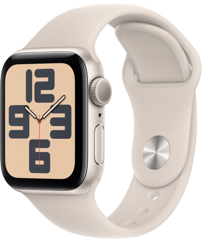 Фото Apple Watch SE 2024, 44 мм, корпус из алюминия цвета «Сияющая звезда», спортивный ремешок, размер S/M Фото Apple Watch SE 2024, 44 мм, корпус из алюминия цвета «Сияющая звезда», спортивный ремешок, размер S/M